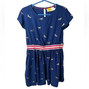 Boden Navy Dress with Metallic Horse Pattern and Striped Waistband Girls 6-7Y